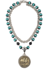 French Kande Double Stranded Turquoise Crystal and Chain with Led Chevaux Medallion