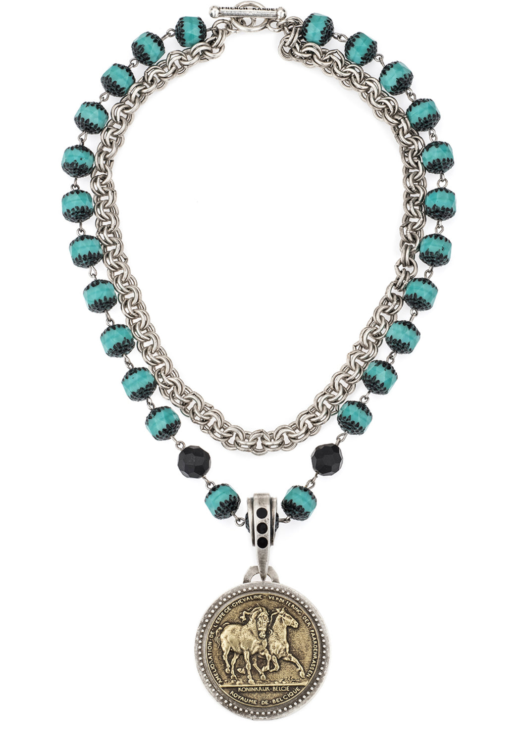 French Kande Double Stranded Turquoise Crystal and Chain with Led Chevaux Medallion