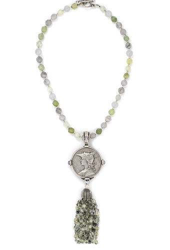 French Kande Sage Mix and Heishi with Ministry Medallion and Prehinite Tassel