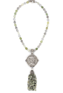 French Kande Sage Mix and Heishi with Ministry Medallion and Prehinite Tassel