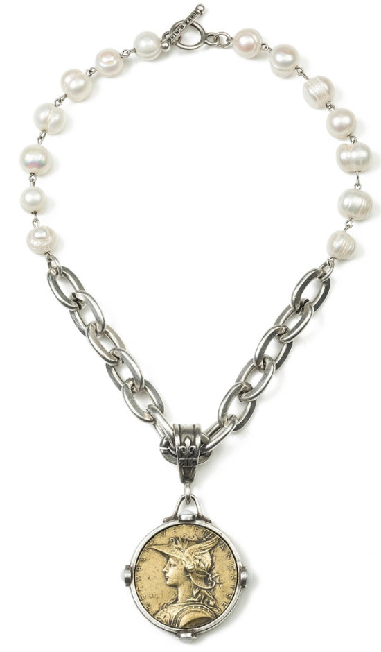 French Kande Pearl with Silver Wire, Lourdes Chain and Saint Michel Medallion