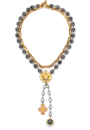 French Kande Double Strand Matisse Jasper and Versailles chain, Immaculate Heart and Immacule' Pendants with Swarovski Drop