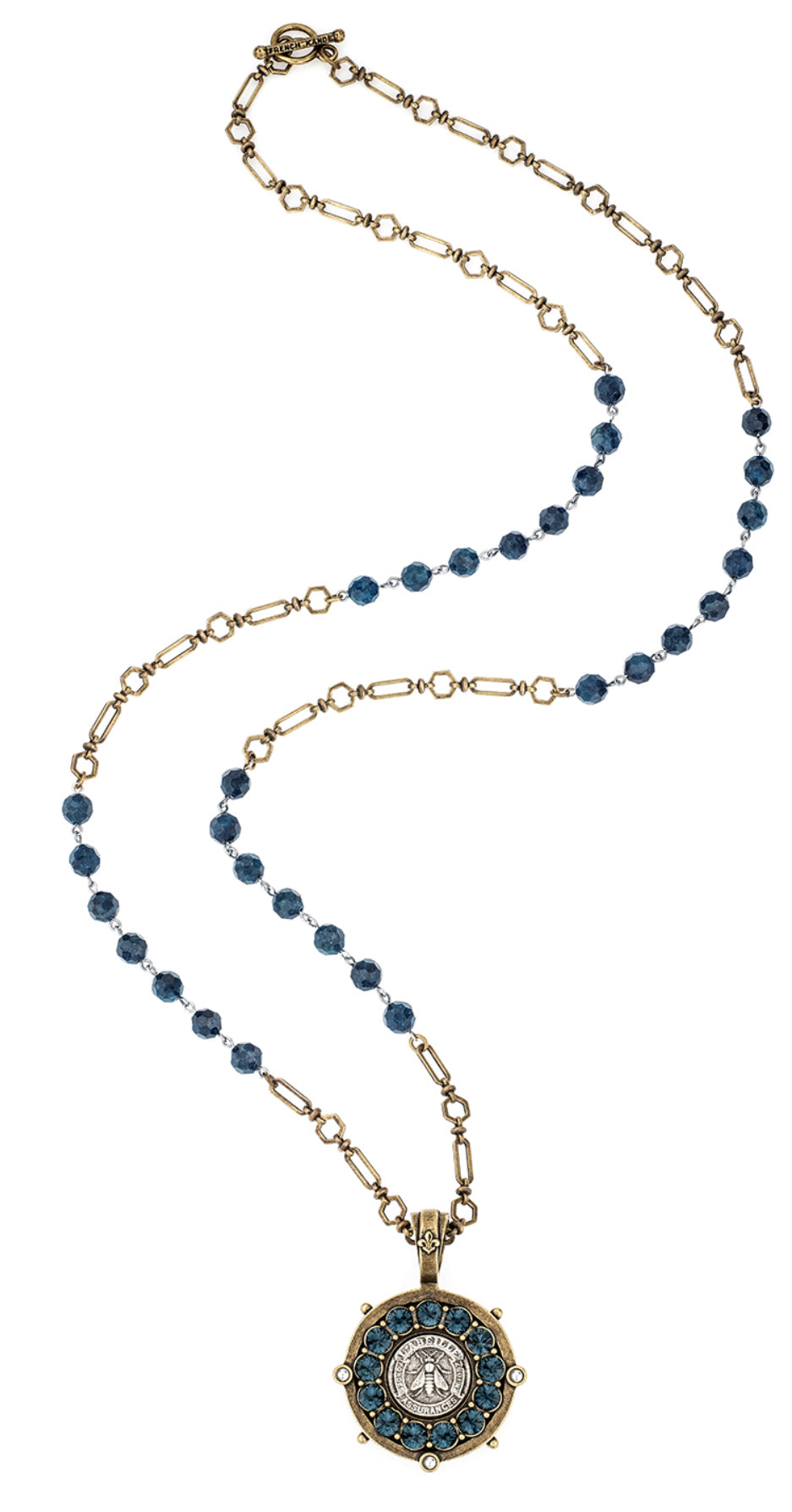 French Kande Blue Apatite with Toulouse Chain, Mini Abeille Medallion and Austrian Crystal